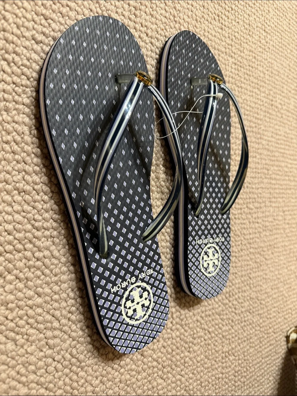 Tory Burch Navy and White Patterned Flip Flop Sandals